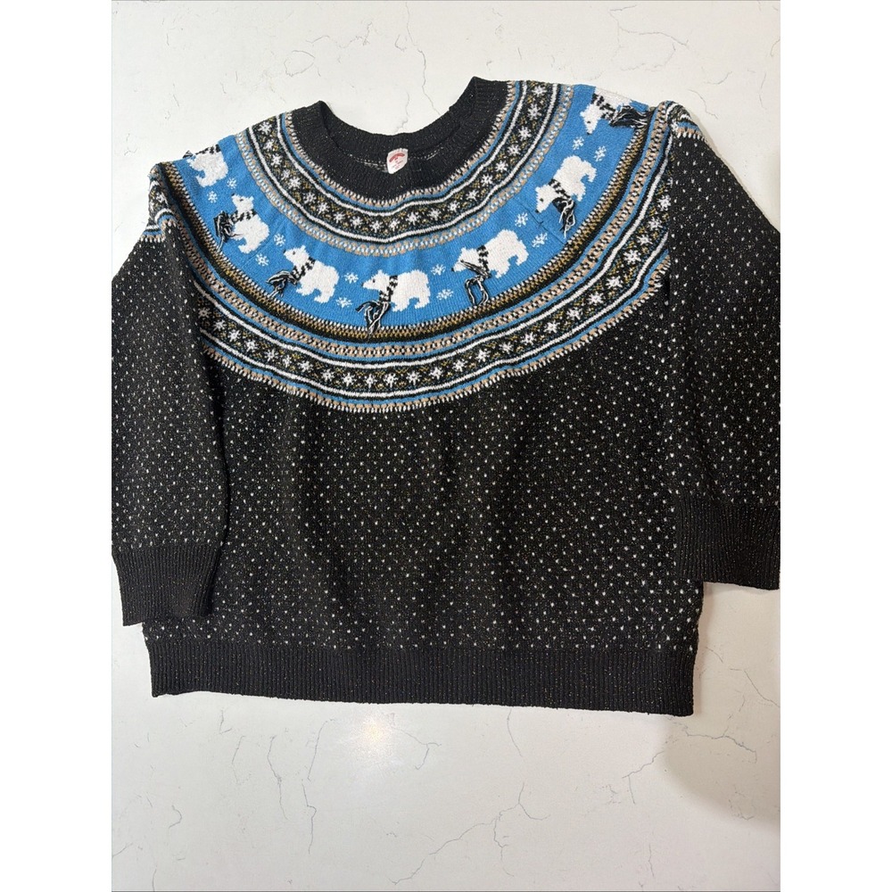 Christmas Sweater Womens 1X Black Polar Bear Holiday Time Christmas Glitter